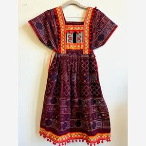 Huipil Kaftan Handwoven Dress Woven M/L Short Striped Embroidered Tie Waist Boho